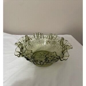 Vintage Fenton Glass Colonial Green Thumbprint Ruffled Crimped Edge  Bowl